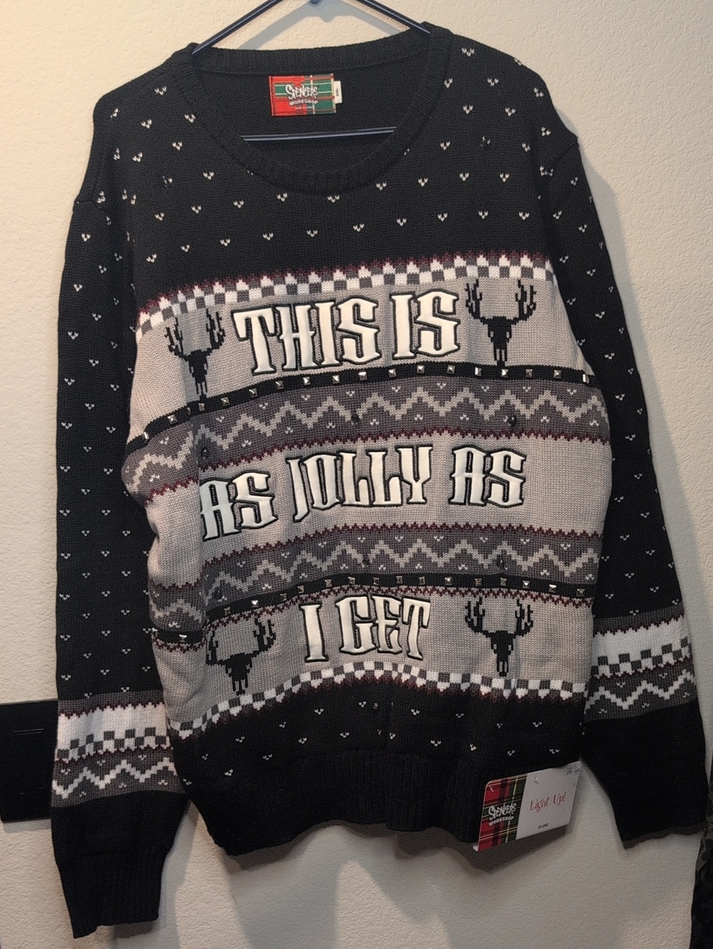 Spencers Black & Gray Light Up Holiday Knit Sweater  'This Is As Jolly As I Get'
